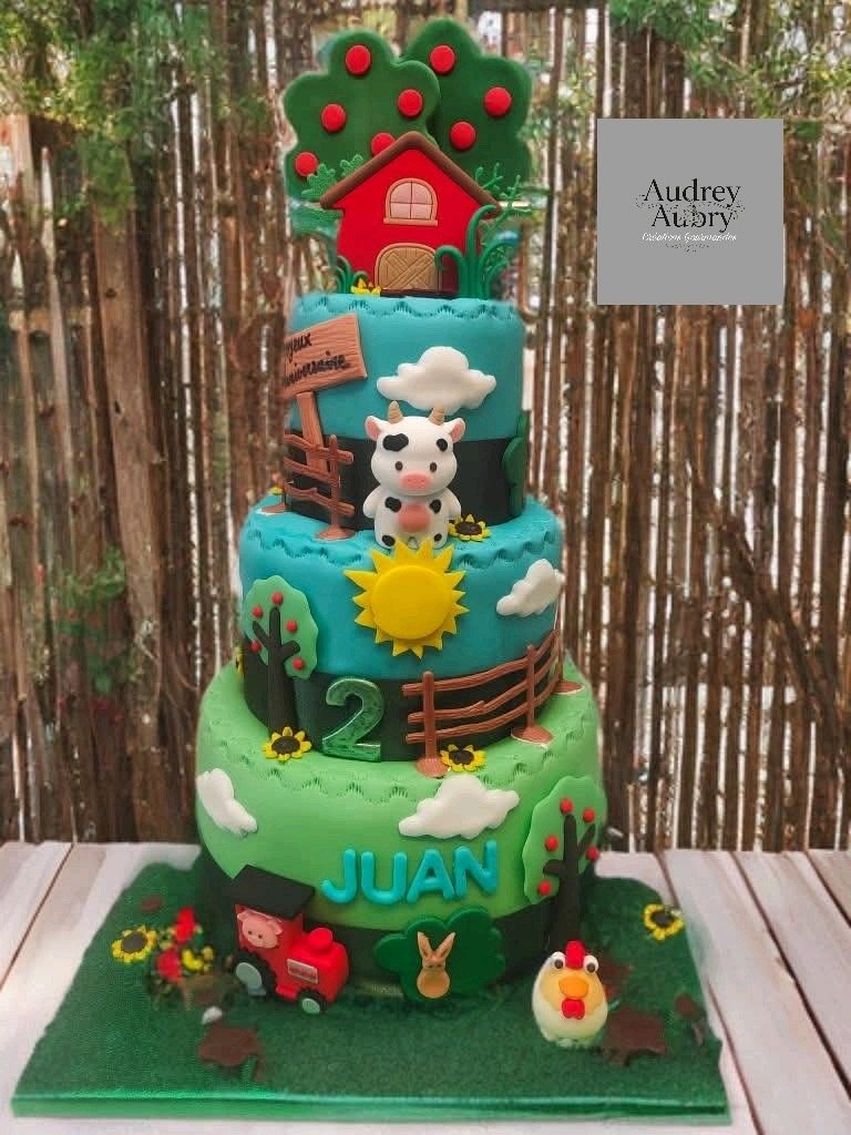 Gâteau anniversaire ferme 2 ans Juan animaux colorés — Audrey Aubry